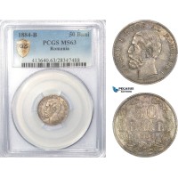AD478, Romania, Carol I, 50 Bani 1884-B, Bucharest, Silver, PCGS MS63
