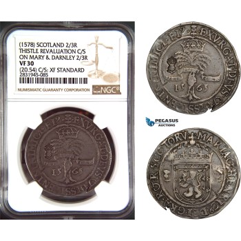 AD488, Scotland, James VI, 2/3 Ryal 1578, Thistle Revaluation C/S on Mary & Darnley 1565, Silver (20.54g) NGC VF30 / XF Standard
