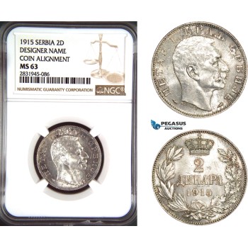 AD489, Serbia, Petar I, 2 Dinara 1915, Paris, Silver, Coin Alignment, NGC MS63