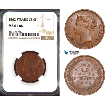 AD492, Straits Settlements, Victoria, 1 Cent 1862, NGC MS61BN