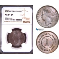 AD493, Straits Settlements, Victoria, 1 Cent 1875-W, NGC MS64BN