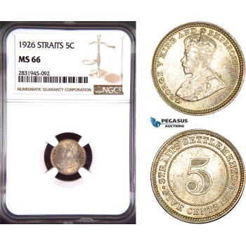 AD494, Straits Settlements, George V, 5 Cents 1926, Bombay, Silver, NGC MS66