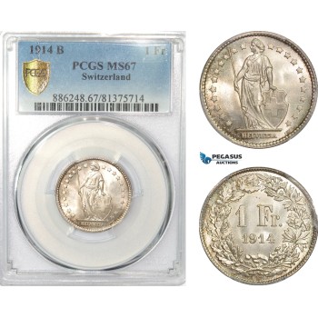 AD495, Switzerland, 1 Franc 1914-B, Bern, Silver, PCGS MS67