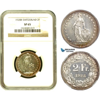 AD496, Switzerland, 2 Francs 1928-B, Bern, Silver, NGC SP65