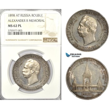 AD546-K, Russia, Nicholas II, Alexander II Memorial Rouble 1898 (AГ) St. Petersburg, Silver, NGC MS62PL, Rare!