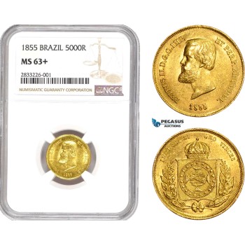 AD549, Brazil, Pedro II, 5000 Reis 1855, Gold, NGC MS63+