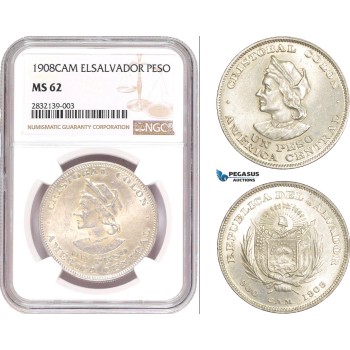 AD555, El Salvador, 1 Peso 1908-CAM, Silver, NGC MS62