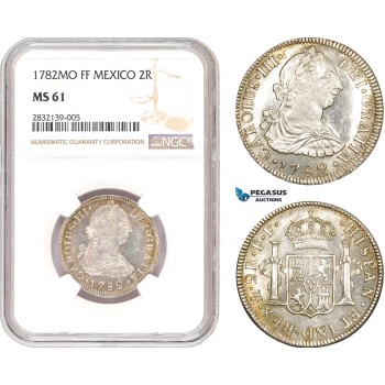 AD556, Mexico, Charles IV, 2 Reales 1782 Mo FF, Mexico City, Silver, NGC MS61