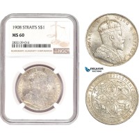 AD561, Straits Settlements, Edward VII, Dollar 1908-B, Bombay, Silver, NGC MS60