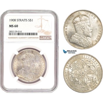 AD561, Straits Settlements, Edward VII, Dollar 1908-B, Bombay, Silver, NGC MS60