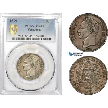 AD562-R, Venezuela, 2 Bolivares 1879, Caracas, Silver, PCGS XF45, Rare! AD562-R, Venezuela, 2 Bolivares 1879, Caracas, Silver, PCGS XF45, Rare!