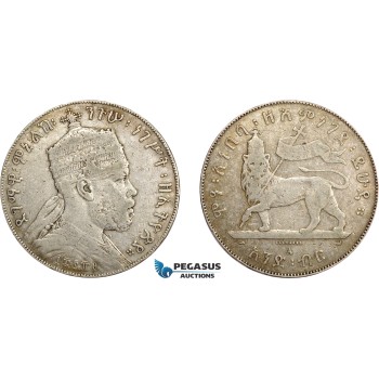 AD568, Ethiopia, Menelik II, 1 Birr EE1889-A, Paris, Silver, F+