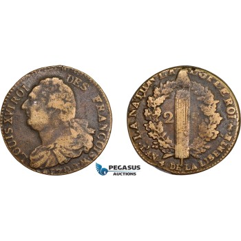AD596, France, Louis XVI, 2 Sols 1792-AA, Metz, Fine