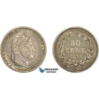 AD606, France, Louis Philippe I, 50 Centimes 1845-B, Rouen, Silver, Toned VF-XF