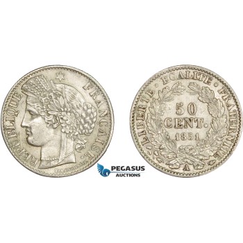 AD611, France, Second Republic, 50 Centimes 1851-A, Paris, Silver, XF-AU