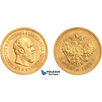 AD640, Russia, Alexander III, 5 Roubles 1889 (АГ) St. Petersburg, Gold, Lightly cleaned AU
