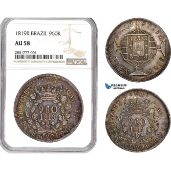 AD646, Brazil, João VI, 960 Reis 1819-R, Rio de Janeiro, Silver, NGC AU58