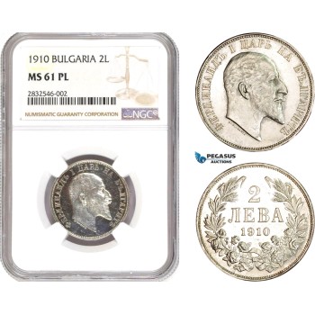 AD650, Bulgaria, Ferdinand I, 2 Leva 1910, Silver, NGC MS61PL, Pop 1/0