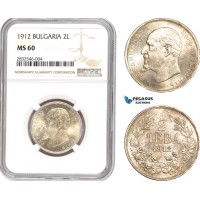 AD651, Bulgaria, Ferdinand I, 2 Leva 1912, Silver, NGC MS60 AD651, Bulgaria, Ferdinand I, 2 Leva 1912, Silver, NGC MS60