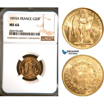 AD663, France, Third Republic, 20 Francs 1893-A, Paris, Gold, NGC MS64