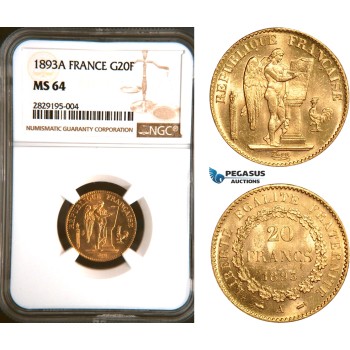 AD664, France, Third Republic, 20 Francs 1893-A, Paris, Gold, NGC MS64