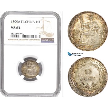 AD666, French Indo-China, 10 Centimes 1899-A, Paris, Silver, NGC MS63