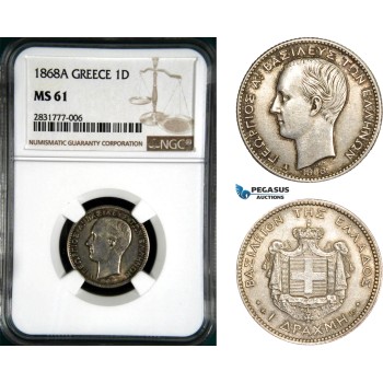 AD672, Greece, George I, 1 Drachma 1868-A, Paris, Silver, NGC MS61