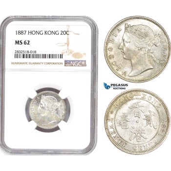 AD674, Hong Kong, Victoria, 20 Cents 1887, London, Silver, NGC MS62