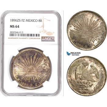 AD679, Mexico, 8 Reales 1896 Zs FZ, Zacatecas, Silver, NGC MS64