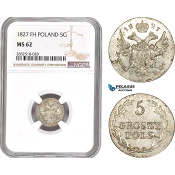 AD682, Poland, Nicholas I. of Russia, 5 Groszy 1827 FH, Warsaw, Silver,  NGC MS62, Pop 1/0, Rare!