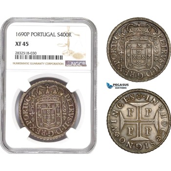 AD684, Portugal, Pedro II, 400 Reis 1690-P, Porto, Silver, NGC XF45