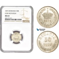 AD685, Romania, Carol I, 50 Bani 1873, Brussels, Silver, NGC MS63