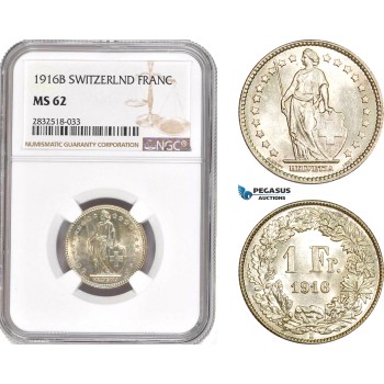 AD702, Switzerland, 1 Franc 1916-B, Bern, Silver, NGC MS62