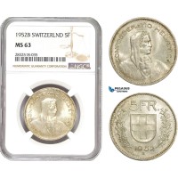 AD703, Switzerland, 5 Francs 1952-B, Bern, Silver, NGC MS63