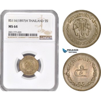 AD706, Thailand, Rama V, 5 Satang RS 116 (1897) -H, Heaton, NGC MS64