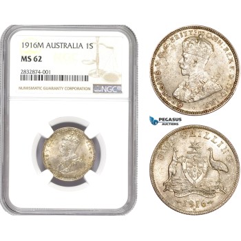 AD707, Australia, George V, 1 Shilling 1916-M, Melbourne, Silver, NGC MS62