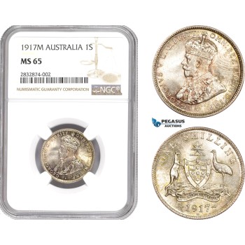 AD708, Australia, George V, 1 Shilling 1917-M, Melbourne, Silver, NGC MS65, Pop 3/1