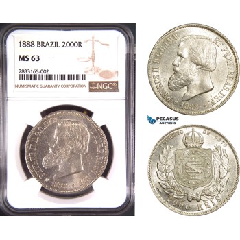 AD711, Brazil, Pedro II, 2000 Reis 1888, Silver, NGC MS63