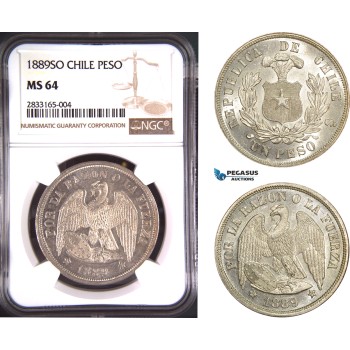 AD718, Chile, 1 Peso 1889-SO, Santiago, Silver, NGC MS64