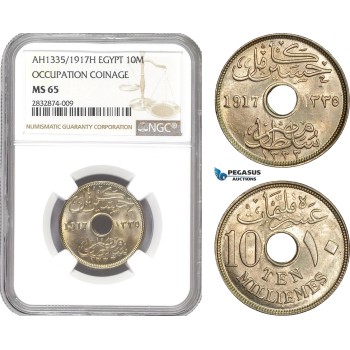 AD720, Egypt, Occupation Coinage, 10 Milliemes AH1335/1917-H, Heaton, NGC MS65