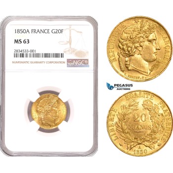 AD727, France, Second Republic, 20 Francs 1850-A, Paris, Gold, F.529/2 (Short dog ear) NGC MS63, Rare!