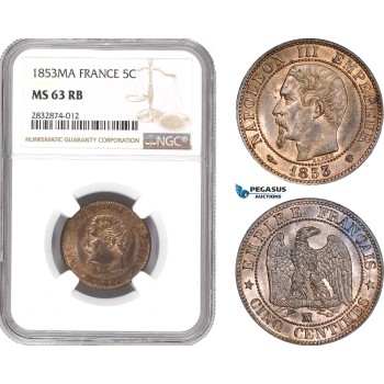 AD729, France, Napoleon III, 5 Centimes 1853-MA, Marseille, NGC MS63RB, Pop 1/0