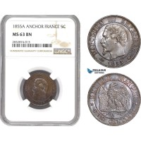 AD730, France, Napoleon III, 5 Centimes 1855-A (Anchor) Paris, NGC MS63BN
