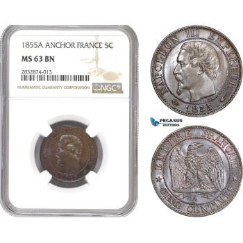 AD730, France, Napoleon III, 5 Centimes 1855-A (Anchor) Paris, NGC MS63BN