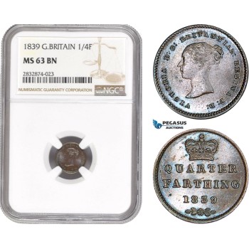 AD739, Great Britain, Quarter Farthing (1/4 F) 1839, London, NGC MS63BN