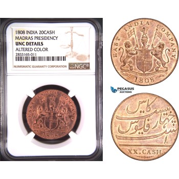 AD743, India, Madras Presindency, 20 Cash 1808, NGC UNC Det.