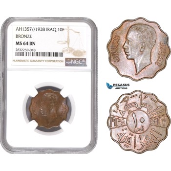 AD745-R, Iraq, Faisal II, 10 Fils AH1357 / 1938, London, Bronze, NGC MS64BN