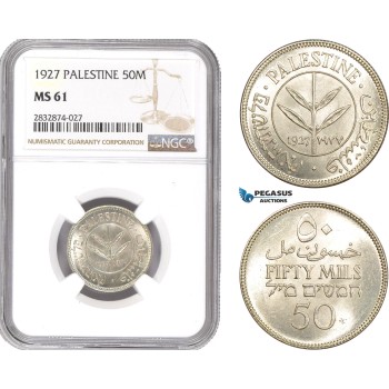 AD753, Palestine, 50 Mils 1927, London, Silver, NGC MS61