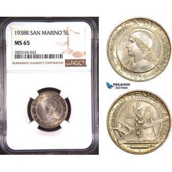 AD763, San Marino, 5 Lire 1938-R, Rome, Silver, NGC MS65