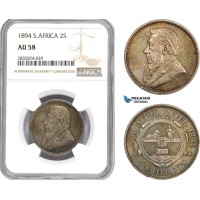 AD764, South Africa (ZAR) 2 Shillings 1894, Pretoria, Silver, NGC AU58
